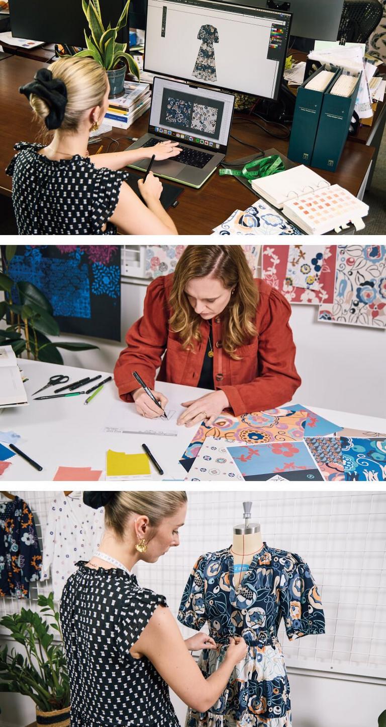 collage of woman creating fashion design